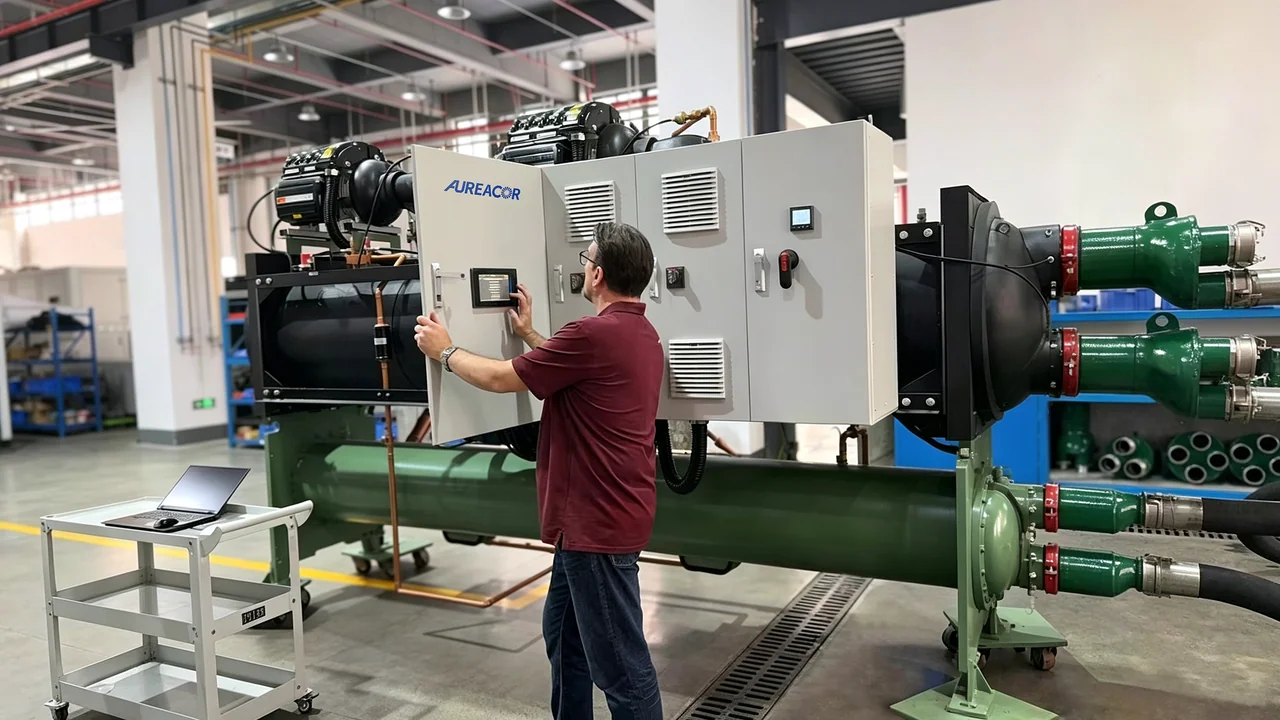 James Fowler working at the controls of an Aureacor-branded chiller