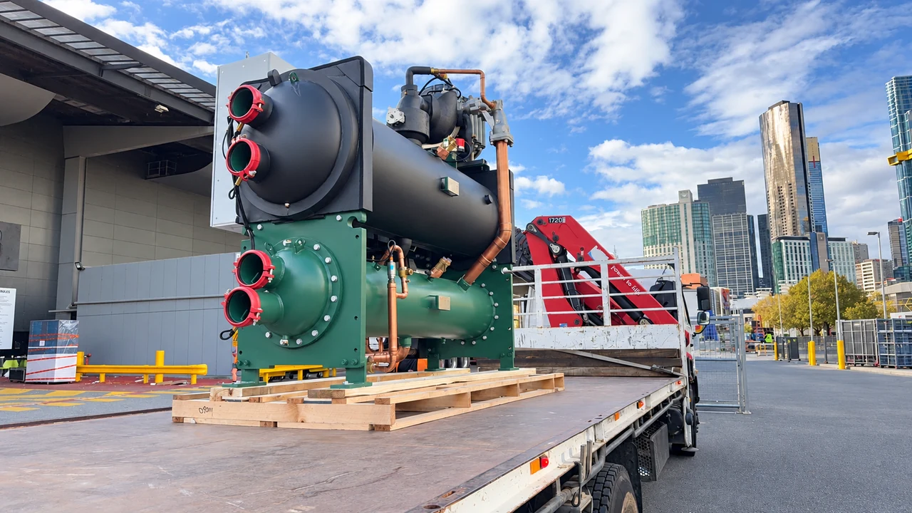 A chiller secured on a flatbed truck
