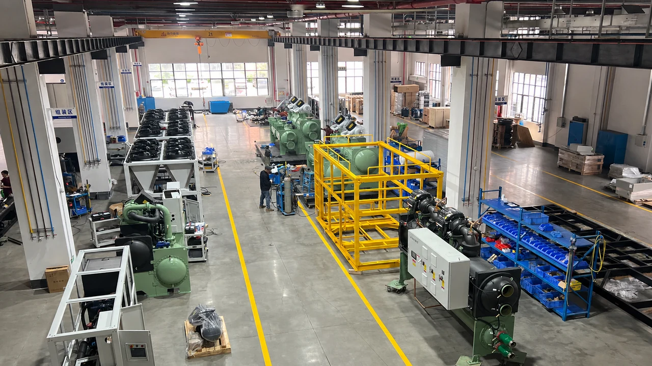 Chillers and workstations arranged along a factory floor